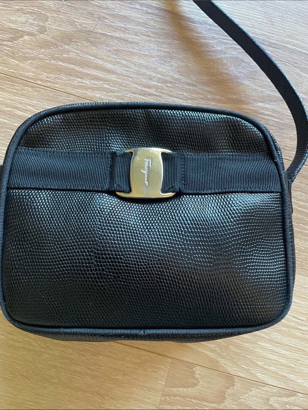Salvatore Ferragamo Black Textured Crossbody with Gold Gancini